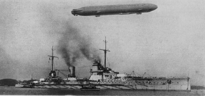 Picture of German Battlecruiser SMS Seydlitz with a Zeppelin overhead